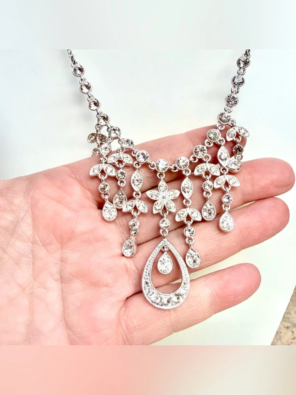 Beautiful Formal Silver Toned Rhinestone Statement Necklace